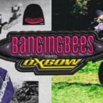 Visuel de la capsule Oxbow x Banging Bees : logo, maillot, gants, bonnet et moto