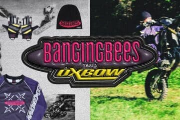 Visuel de la capsule Oxbow x Banging Bees : logo, maillot, gants, bonnet et moto