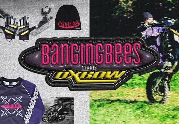Visuel de la capsule Oxbow x Banging Bees : logo, maillot, gants, bonnet et moto